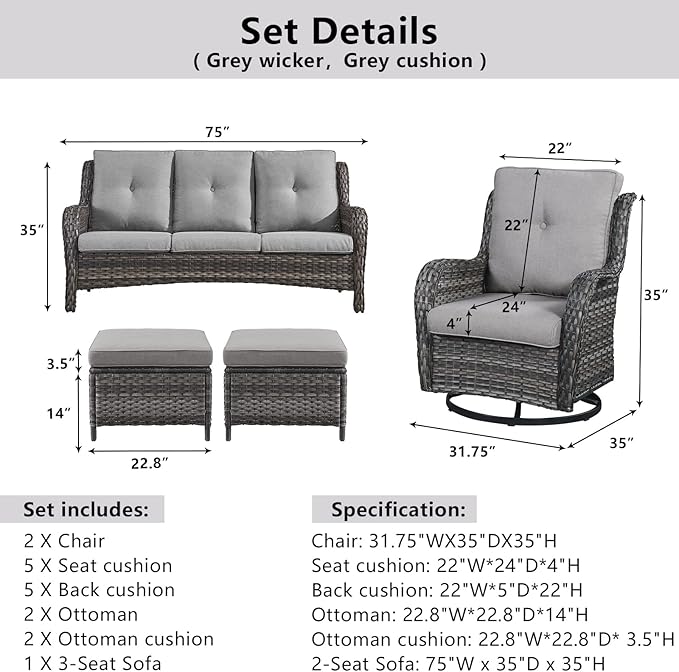 5 Piece Outdoor Patio Furniture Set - Wicker Furniture Patio Conversation Set, Outdoor Swivel Rocker Chairs with 3-Seater Sofa and 2 Ottomans for Small Space, Gray Cushion-VerdiqueGarden
