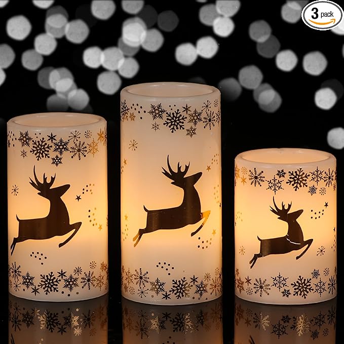 KunSween Christmas Flameless Candles with 6H Timer, 3 Pack LED Flickering Candles with Gold Deer Decals and Real Wax, Christmas Winter Decorations for Home Indoor Table Centerpieces-VerdiqueGarden