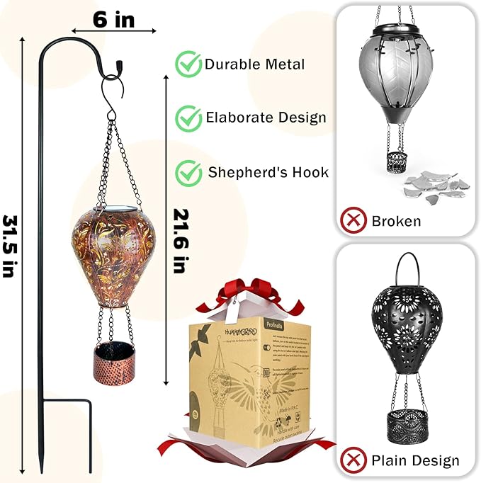 Hummingbird Decor Hot Air Balloon Solar Lantern – Outdoor Decorative Hanging Light for Garden Yard Patio Porch Lawn and Pathway – Unique Housewarming, Birthday Gift for Women Mom Grandma-VerdiqueGarden