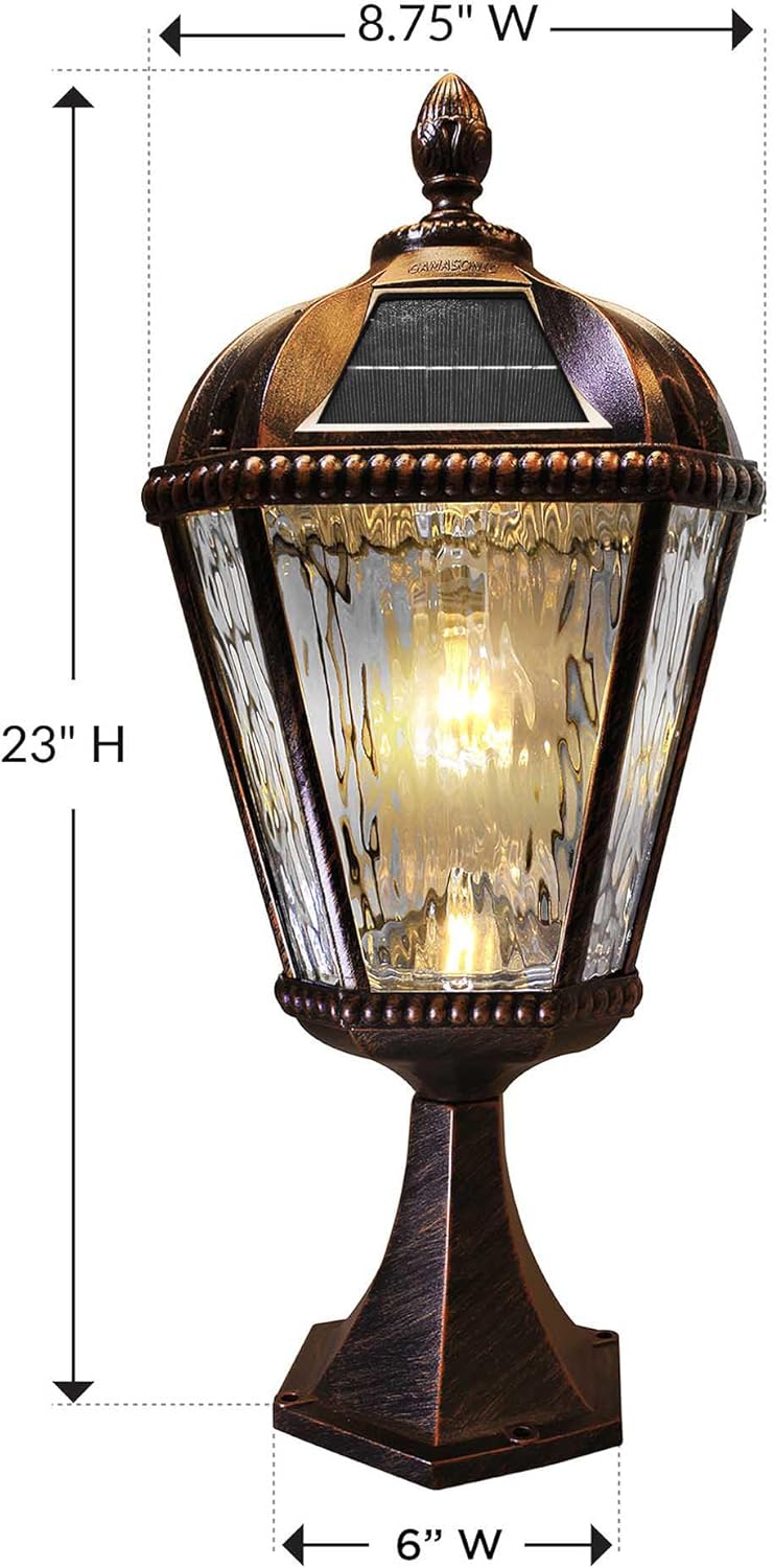 Gama Sonic Outdoor Solar Post Light with Pier Base, Brushed Bronze Finish Aluminum and Rain Glass, Royal Bulb 150 Lumens Warm White LED, Mount on Column or Flat Surface 98B111 Upgraded Panel-VerdiqueGarden