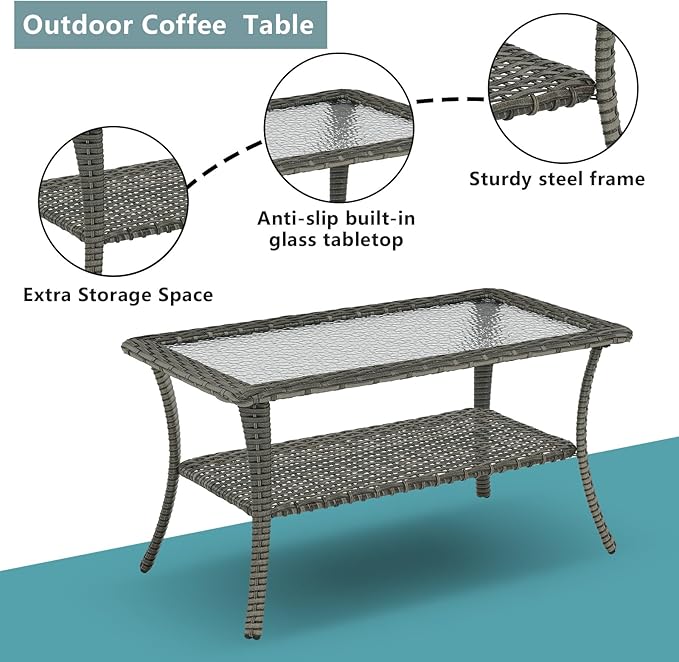 Outdoor Wicker Patio Furniture Set - 6 Piece Rattan Patio Conversation Set with 2 Rocking Swivel Chairs,2 Ottomans,1 Loveseat and 1 Coffee Table for Porch Deck Backyard Garden(Mixed Grey/Grey)-VerdiqueGarden