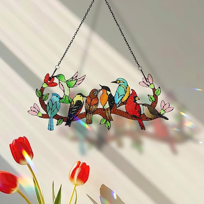 Huray Rayho Birds On Branch Stained Glass Suncatcher Cardinal Hummingbird Kingfisher Double Side Glass Panel Window Hanging Decor Bird Ornament Bird Lover Gift for Mom Grandma-VerdiqueGarden