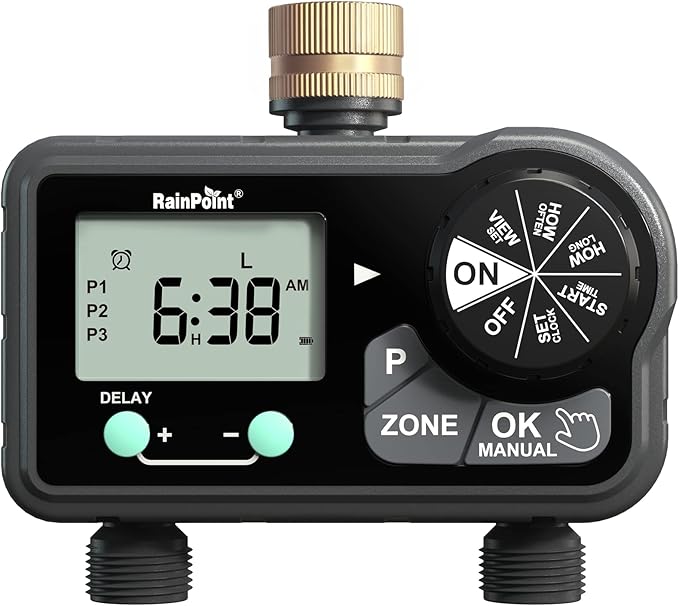 RAINPOINT Brass Sprinkler Timer 2 Stations, Large Digital Water Timer for Garden Hose with 6 Programmable Procedure, with Delay/Manual/Auto Irrigation Mode for Week/Specific/Daily Watering-VerdiqueGarden