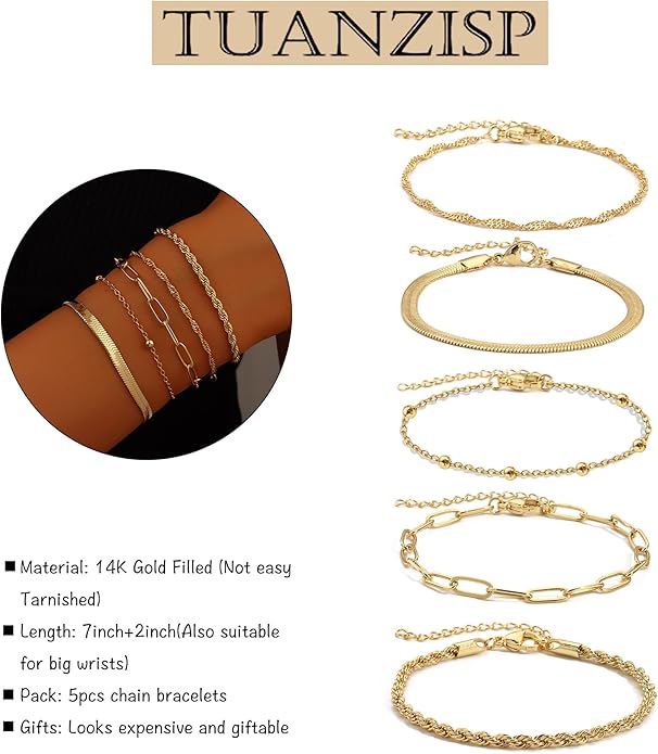 Gold Bracelets for Women, 18K Gold Plated Dainty Paperclip Link Chain Bracelets Thin Cute Stackable Bracelet Pack Fashion Accessories Gifts for Women
