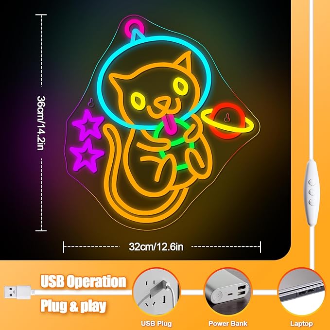 Astronaut Boba Tea Cat Neon Sign Cat Neon Lights for Wall Decor Cute Kitty with Stars Asteroids Anime Led Light Sign for Kids Bedroom Dimsum Store Cofes Bar Milk Tea Shop-VerdiqueGarden