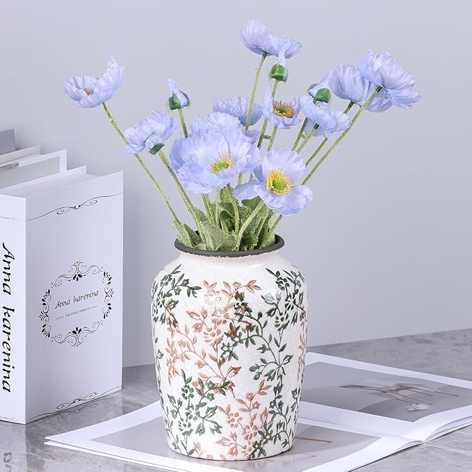 Vintage Vase for Flowers,Green Chinoiserie Ceramic Vase,Rustic Farmhouse Cracked Vases,for Flower Arrangement,Living Room, Office, Shelf, Fireplace Tables,Centerpieces,Chinoiserie Pottery Decor(D)-VerdiqueGarden