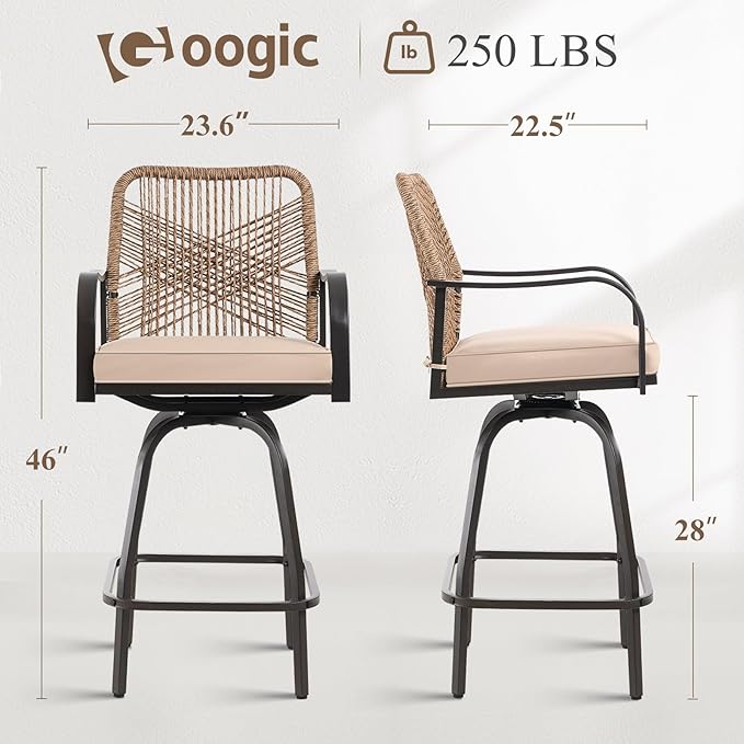 Outdoor Bar Stools Set of 6, Patio Swivel Counter Height Rattan Bar Stools, Patio Wicker Bar Swivel Chairs with Cushion, Outdoor Pool Bar Chairs for Backyard Garden Balcony w /360 Rotation-VerdiqueGarden