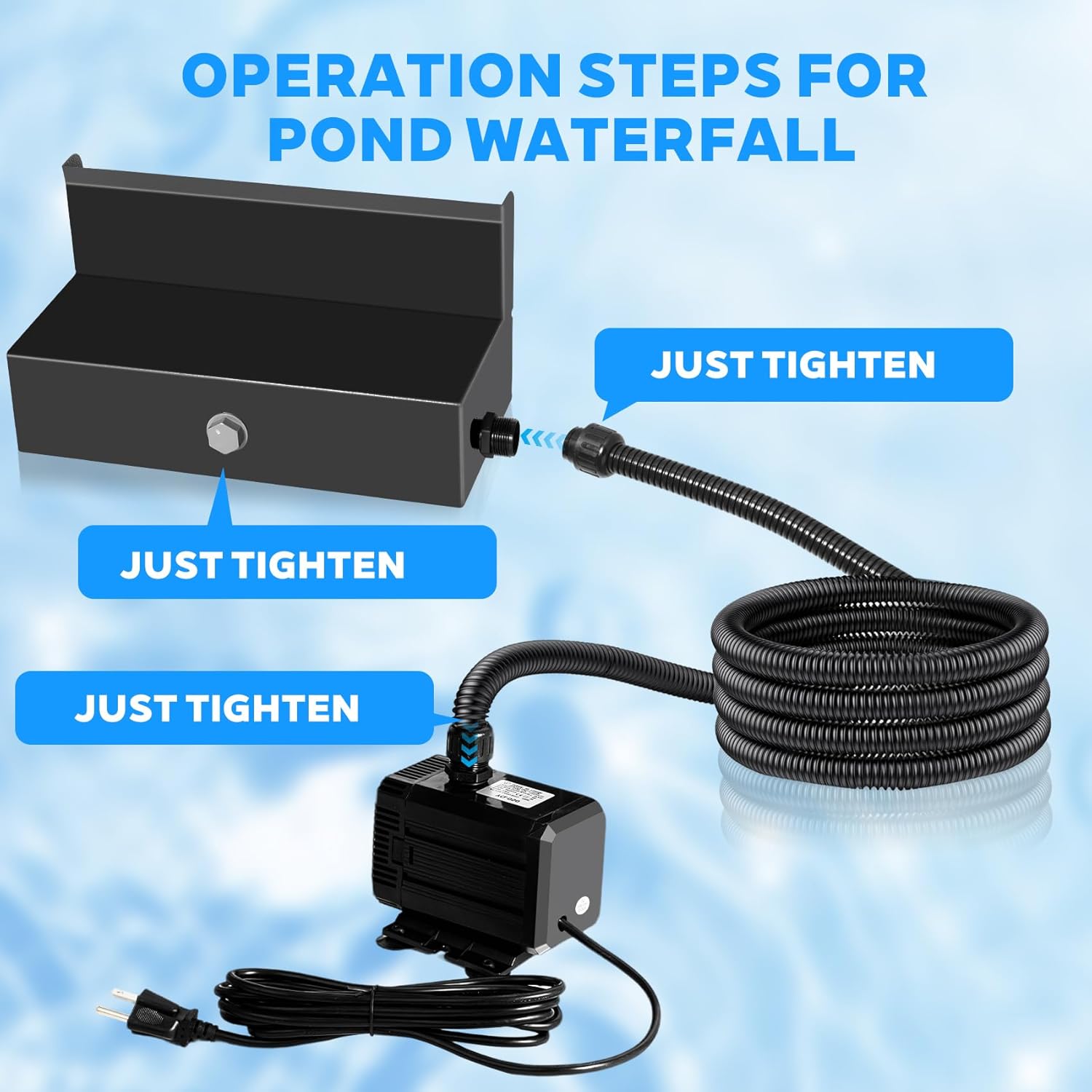 Upgraded Outdoor Pond Waterfall Kit with 50W Pump - 825 GPH Water Flow, 12.2 Inch Adjustable Waterfall Spillway & Extra Long Hose for Garden Ponds, Backyard Water Features-VerdiqueGarden