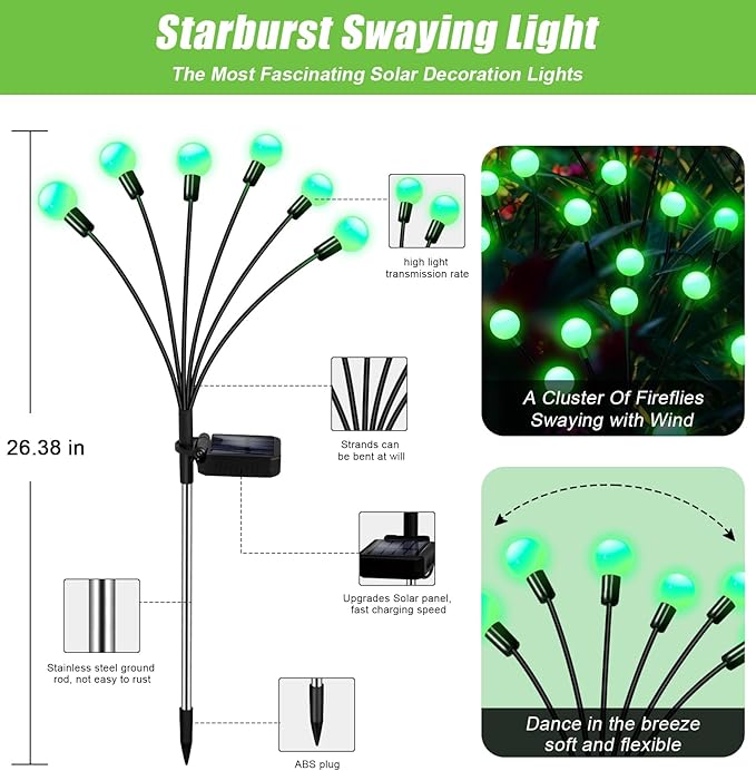 Solar Garden Lights Outdoor, 4 Pack 24LED Waterproof Solar Powered Lights for Yard Pathway Patio, Swaying Lawn Decor as Gardening Gifts for Women Holiday(4 Pack Green)-VerdiqueGarden