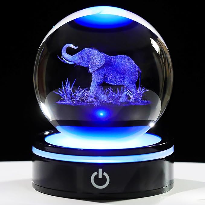 YWHL 3D Elephant Figurine Crystal Ball with Colorful Light Base, Elephant Gift for Women and Men on Christmas or Birthday, 3D Laser Engraved Full Sphere Glass Decorative Ball for Home or Office (80mm)-VerdiqueGarden