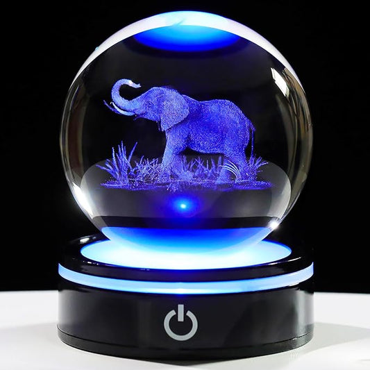 YWHL 3D Elephant Figurine Crystal Ball with Colorful Light Base, Elephant Gift for Women and Men on Christmas or Birthday, 3D Laser Engraved Full Sphere Glass Decorative Ball for Home or Office (80mm)-VerdiqueGarden