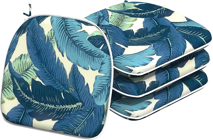 Indoor/Outdoor Chair Cushions 16x17 Inch, Patio Chair Cushions with Ties, All Weather Seat Cushions for Patio Furniture Home Garden Chair Use, Set of 4, Swaying Palms Blue-VerdiqueGarden