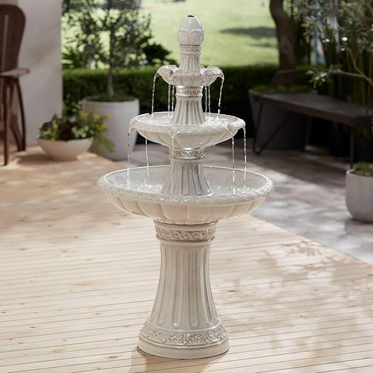 Formentera 45 1/4" High Large Italian Outdoor Decor Off-White Ceramic Floor Fountain with Light LED Waterfall 3-Tier Standing Water Feature for Outside Garden Patio Yard Backyard - John Timberland