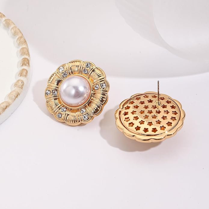 Statement Chunky Gold Earrings for Women,Crystal Rhinestone Accents Large Stud with Stone and Pearl