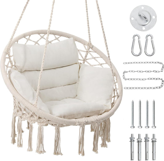 Macrame Hammock Hanging Swinging Chair with Medium Cushion, Perfect for Bedroom, Porch, Adults, Balcony, Beige-VerdiqueGarden