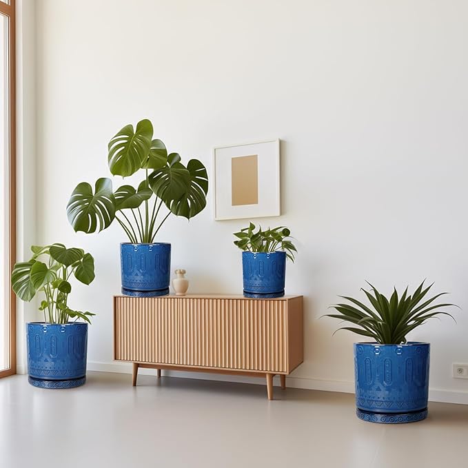 10 Inch Plant Pot - Ceramic Planter Outdoor Plant Pot Indoor with Drainage Holes and Saucer Large Flower Pot Round Decorative Planter for Garden Patio Decor Blue-VerdiqueGarden