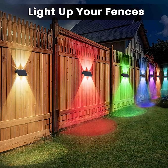 Fence Lights Solar Powered, 6-Pack Solar Fence Lights Up/Down Flexible Buttons, IP67 Waterproof for Outdoor, 120LM Bright, Auto Dusk to Dawn for Wall/Stairs/Yard/Railing/Deck/Pathway (White & RGB)-VerdiqueGarden