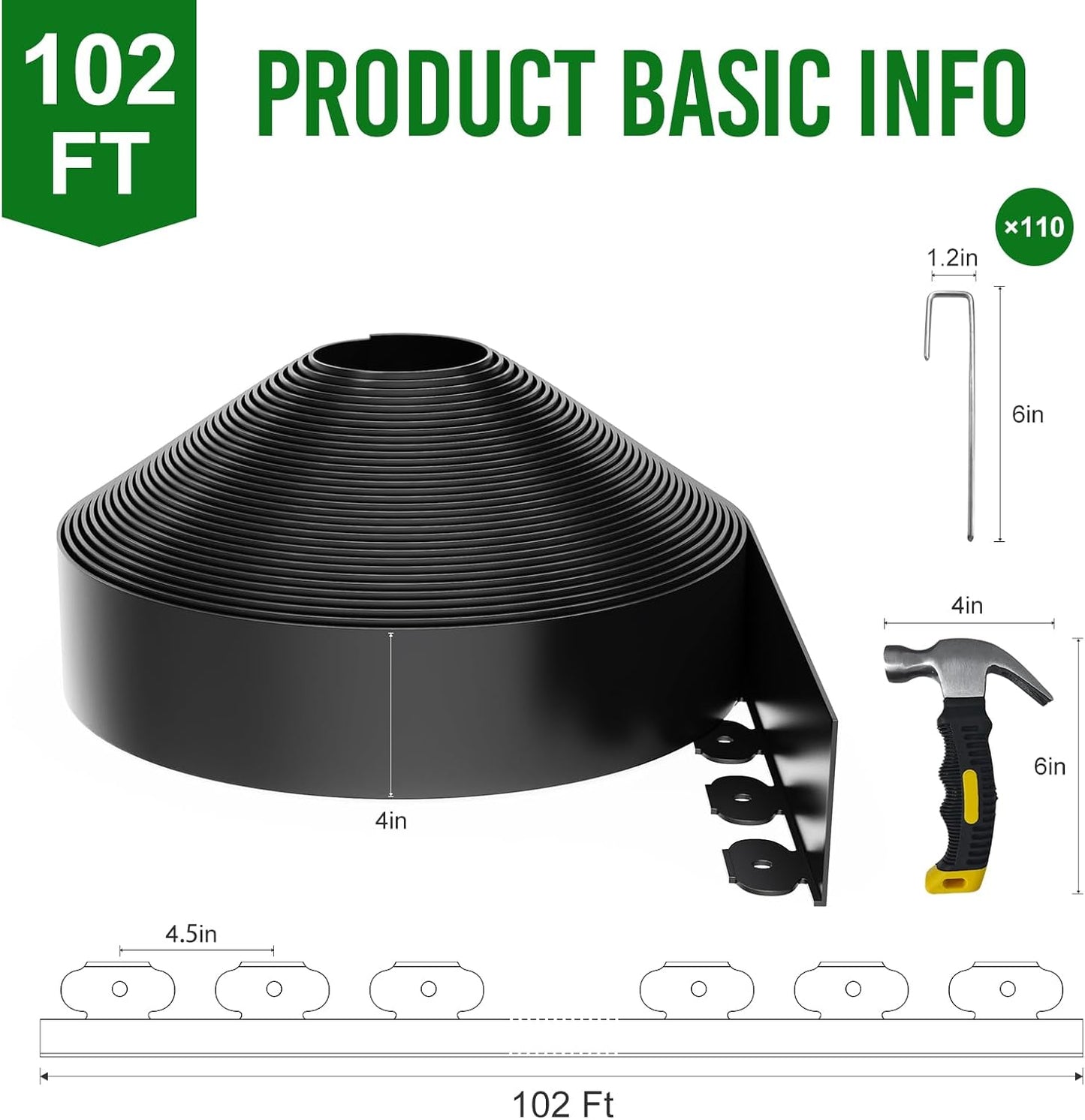 102FT Landscape Edging 4 in Tall with 110 Spikes, Garden Edging Border and 1 Hammer, Plastic Landscape Edging Border Lawn Edging for Landscaping, Flower Beds, Yard-VerdiqueGarden