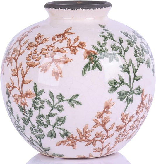 Green, White, and Brown Vintage Round vase, Chinese-Style Green Farmhouse Decorative vase, Suitable for Home Decor，Living Room, Dining Table, Office, Bookshelf, TV Cabinet, entryway Decor.-VerdiqueGarden