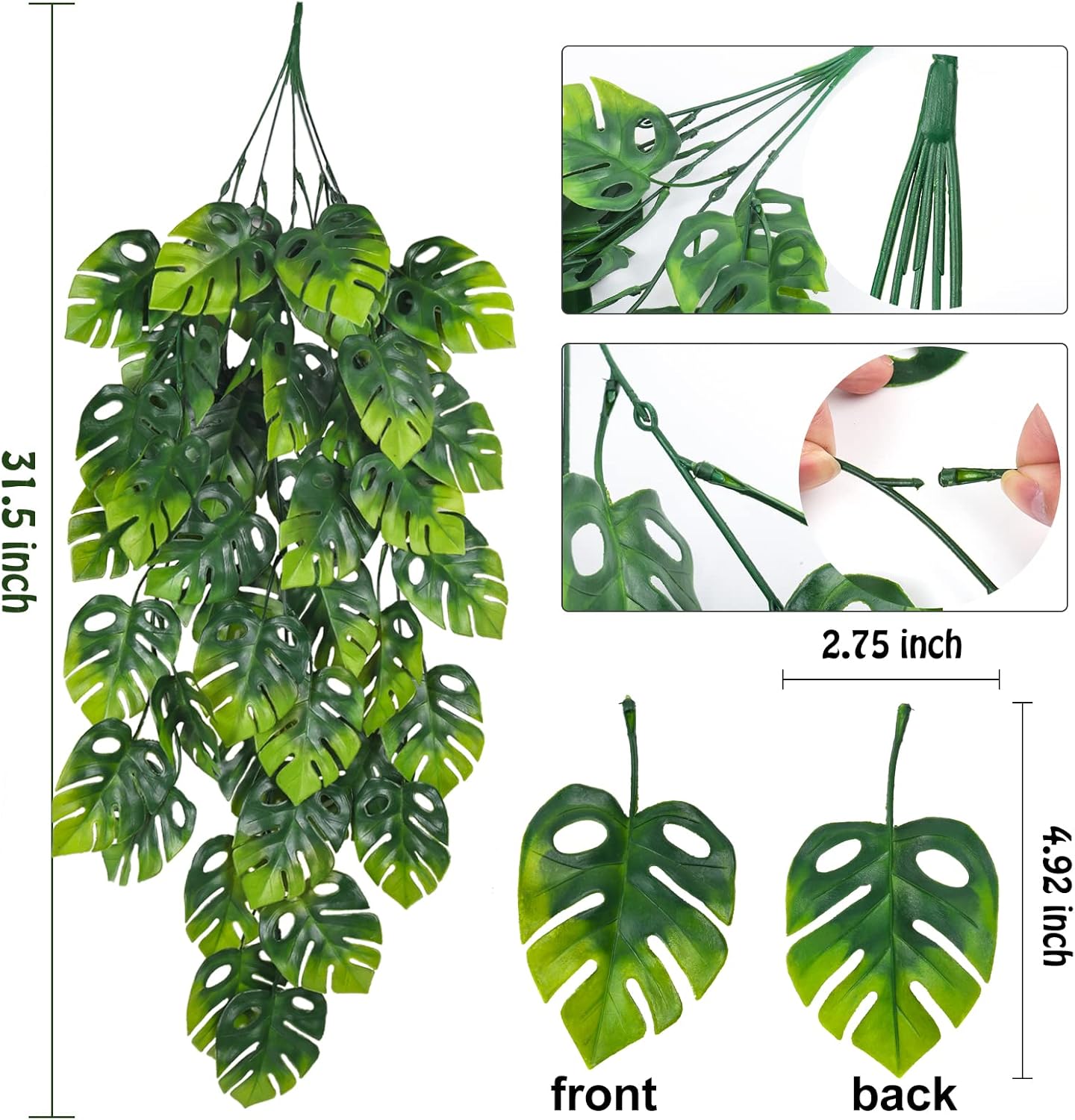 RECUTMS Artificial Hanging Plants 2 Pack, Fake Monstera Leaves Ivy Vine Faux Greenery UV Resistant Outdoor Tropical Palm Leaf Plant for Garden Home Jungle Hawaiian Luau Party Spring Summer Décor-VerdiqueGarden