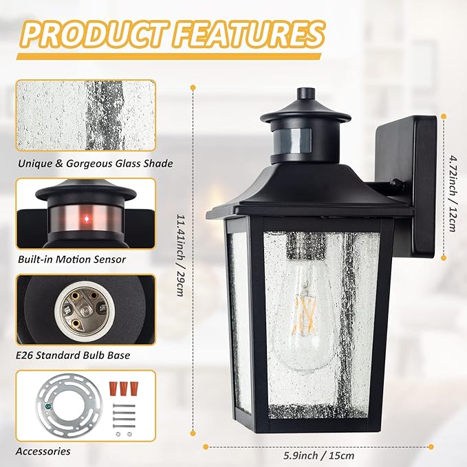 2 Packs Motion Sensor Outdoor Wall Lights - Black Dusk to Dawn Outdoor Lighting, LED Waterproof Exterior Garage Light Fixture, Modern Porch Light Outside Wall Mount for Front Door, House, Anti-Rust-VerdiqueGarden