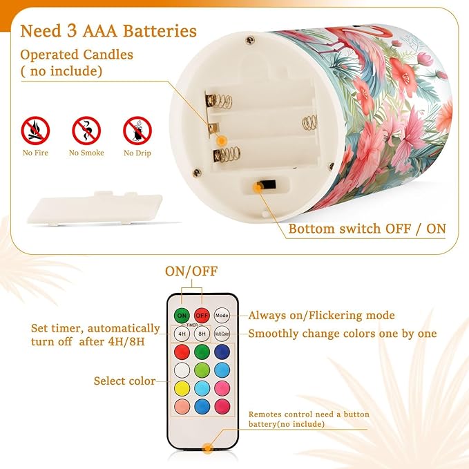 Flickering Flameless Candles, Pink Flamingo Print LED Candles with Remote Timer, Set of 2 Battery Operated Candle for Valentine Wedding Birthday-VerdiqueGarden