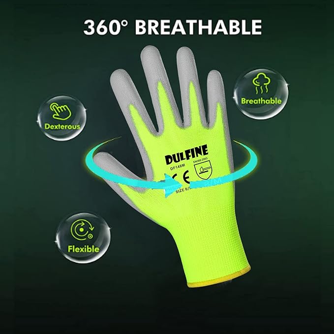 DULFINE Safety Work Gloves for Men PU Coated 12 Pairs Bulk Pack,Hi-Vis Yellow Seamless Knit Glove with thin Polyurethane Coated Smooth Grip on Palm & Fingers, Ideal for General Duty Work (Large)-VerdiqueGarden