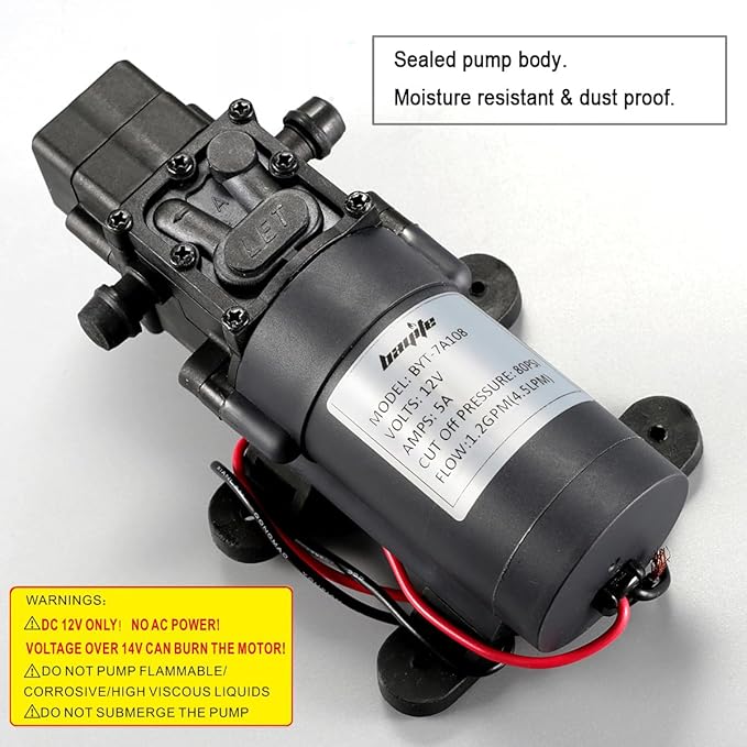 bayite 12V DC Water Transfer Pump with 2 Hose Clamps 12 Volt Diaphragm Pump Self Priming Sprayer Pump with Pressure Switch 4.5 L/Min 1.2 GPM 80 PSI for Weed ATV Marine Boat-VerdiqueGarden
