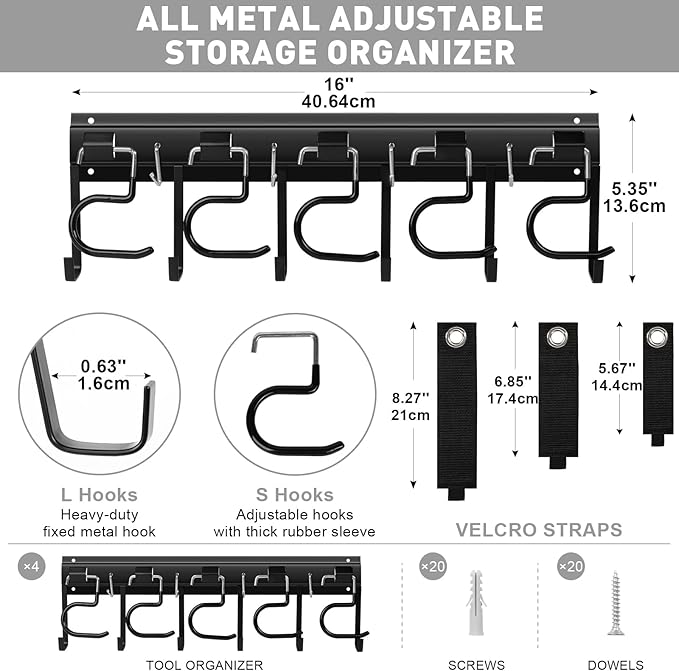 LEYU Metal Garage Tool Organizer Wall Mount, 4 Pack Garden Tool Organizer With Extension Cord Straps, Garage Organization Hooks and Hangers for Shed, Yard Storage, Wall Holder for Hanging Broom Mop-VerdiqueGarden
