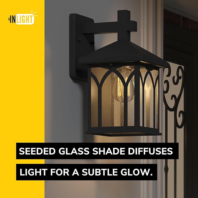 Inlight 11 4/5" High Black Finish and Seeded Glass Outdoor Wall Lantern (Set of 2), Bulb Not Included, IN-0603-1-BK-VerdiqueGarden