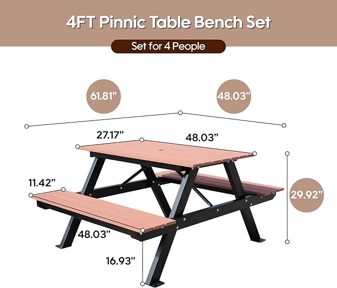 4FT Outdoor Picnic Table and Bench Set with 2" Umbrella Hole, WPC Tabletop Seattop Patio Dining Set for 4 People, Outdoor Dining Table and Chair for Park Garden Yard Patio- Brown-VerdiqueGarden
