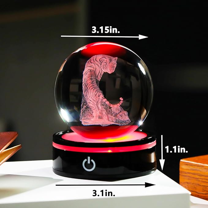 YWHL 3D Tiger Figurine Crystal Ball with Colorful Light Base, Tiger Gifts for Women Men, 3D Laser Engraved Full Sphere Glass Decorative Ball for Home Office (80mm)-VerdiqueGarden