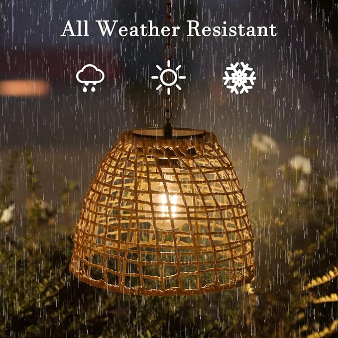 Vintage Rattan Basket Shade Solar Lantern Hanging Lighting Country Style Pendant Light Patio Garden Farmhouse Decoration Rustic Handmade Rattan Pendant Lamps.-VerdiqueGarden