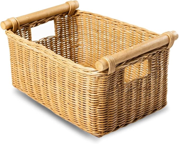 The Basket Lady Pole Handle Wicker Storage Basket, Small, 14 in L x 10 in W x 7.5 in H, Sandstone-VerdiqueGarden
