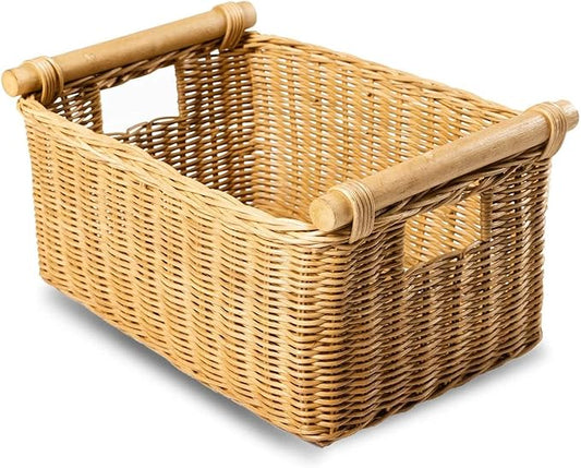 The Basket Lady Pole Handle Wicker Storage Basket, Small, 14 in L x 10 in W x 7.5 in H, Sandstone-VerdiqueGarden