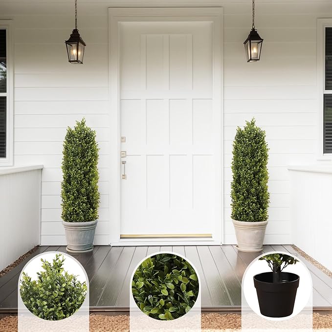 4ft Artificial Boxwood Topiary Trees (Set of 2) - UV Resistant Faux Plants for Outdoor/Indoor, Realistic 48in Fake Bushes and Shrubs for Front Porch, Planter, Patio - Low Maintenance & Evergreen-VerdiqueGarden