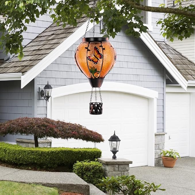 Starsoul Butterfly Hot Air Balloon Solar Lantern with Flickering Flame Light Glass Solar Powered Hot Air Balloon Lamp Waterproof Hanging Outdoor Solar Lantern for Yard Porch Backyard Decor-VerdiqueGarden