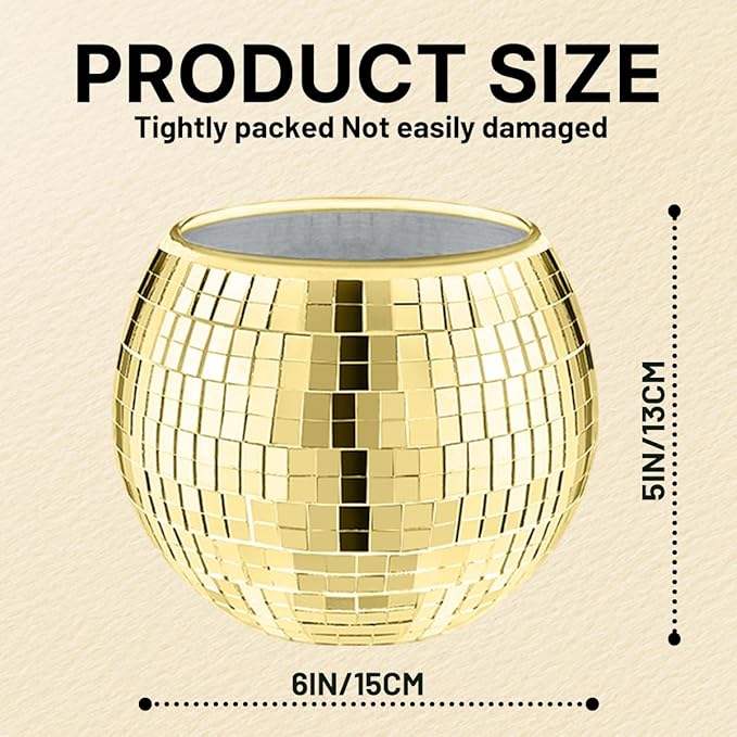 2 Pcs Disco Ball Vase,5 x 6 Inch Mirrored Disco Ball Planter,Disco Ball Candle Holders Perfect Disco Decorative Planters for Living Room Bedroom Table Wedding Party Birthday(Gold)-VerdiqueGarden