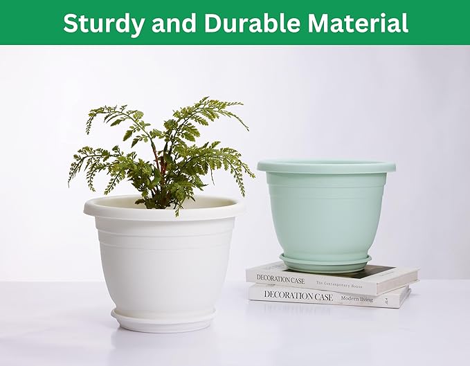5 Packs 10 inch Plant Pots + Saucer, Planters for Indoor & Outdoor Plants with Drainage Holes | Plastic Flower Pots, Large Planter (White, 10 inch)-VerdiqueGarden