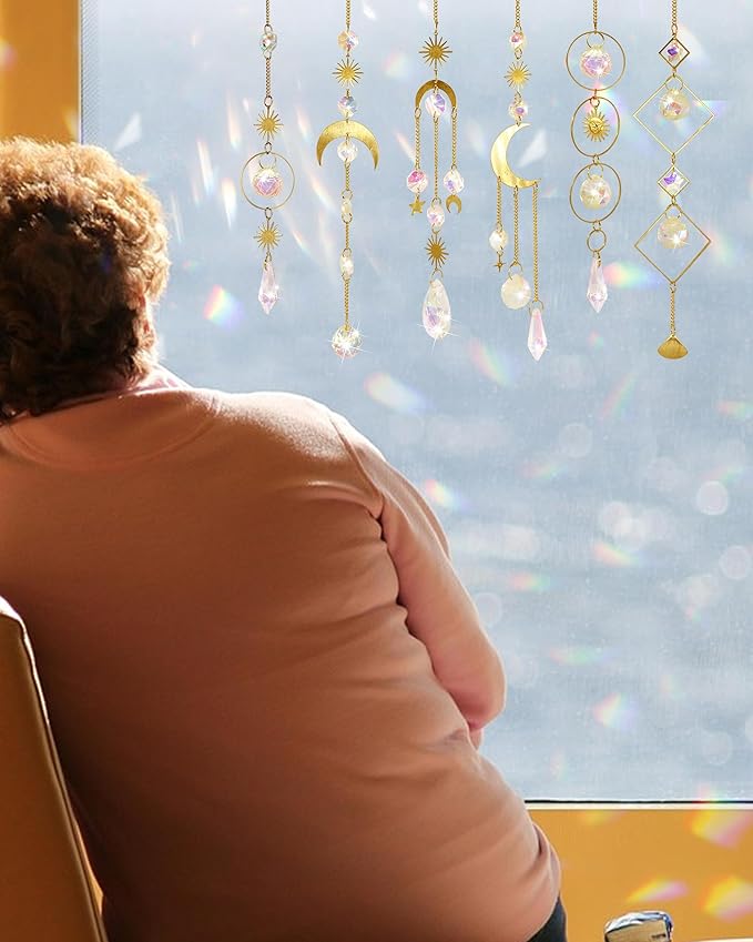 6 Pack Crystal Suncatcher,Hanging Sun Catchers with Crystals, Colorful Crystals Suncatchers Rainbow Prisms for Windows Christmas Tree Home Wedding Party Car Indoor Outdoor Garden Decor-VerdiqueGarden