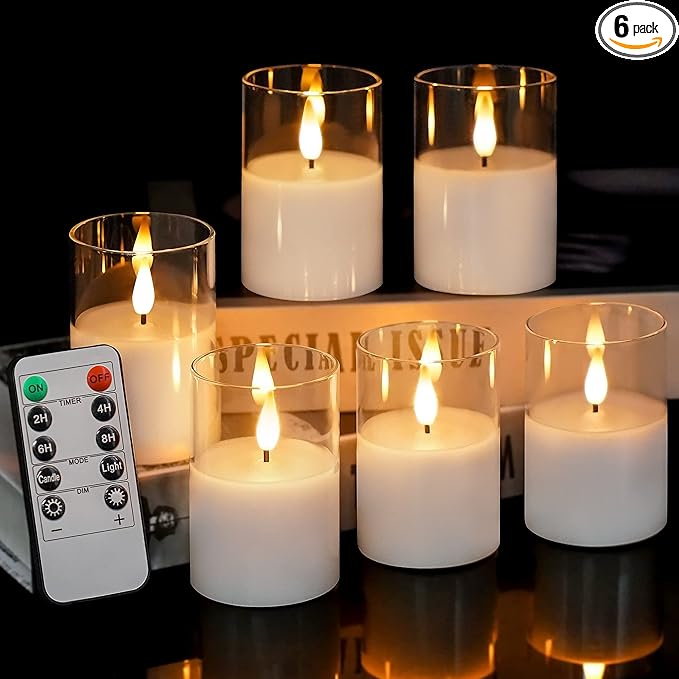 6Pack Glass Flickering Flameless Candles with Remote, 2"X3" Real Wax Votive Candles Battery Operated, Small Electric LED Candles for Wedding Home Decor, w/4 Timers+2 Lighting Modes [Clear]-VerdiqueGarden