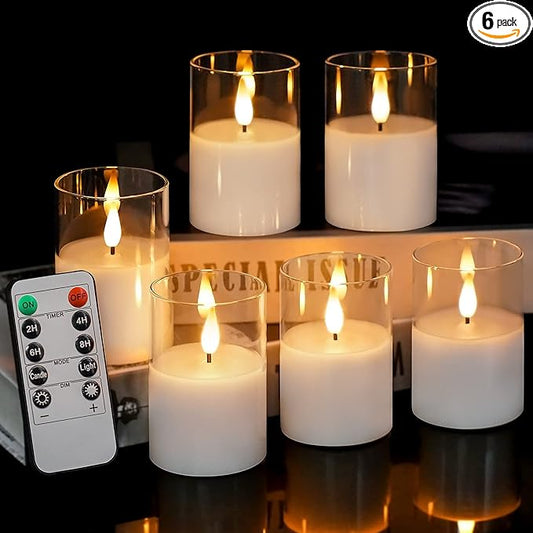 6Pack Glass Flickering Flameless Candles with Remote, 2"X3" Real Wax Votive Candles Battery Operated, Small Electric LED Candles for Wedding Home Decor, w/4 Timers+2 Lighting Modes [Clear]-VerdiqueGarden