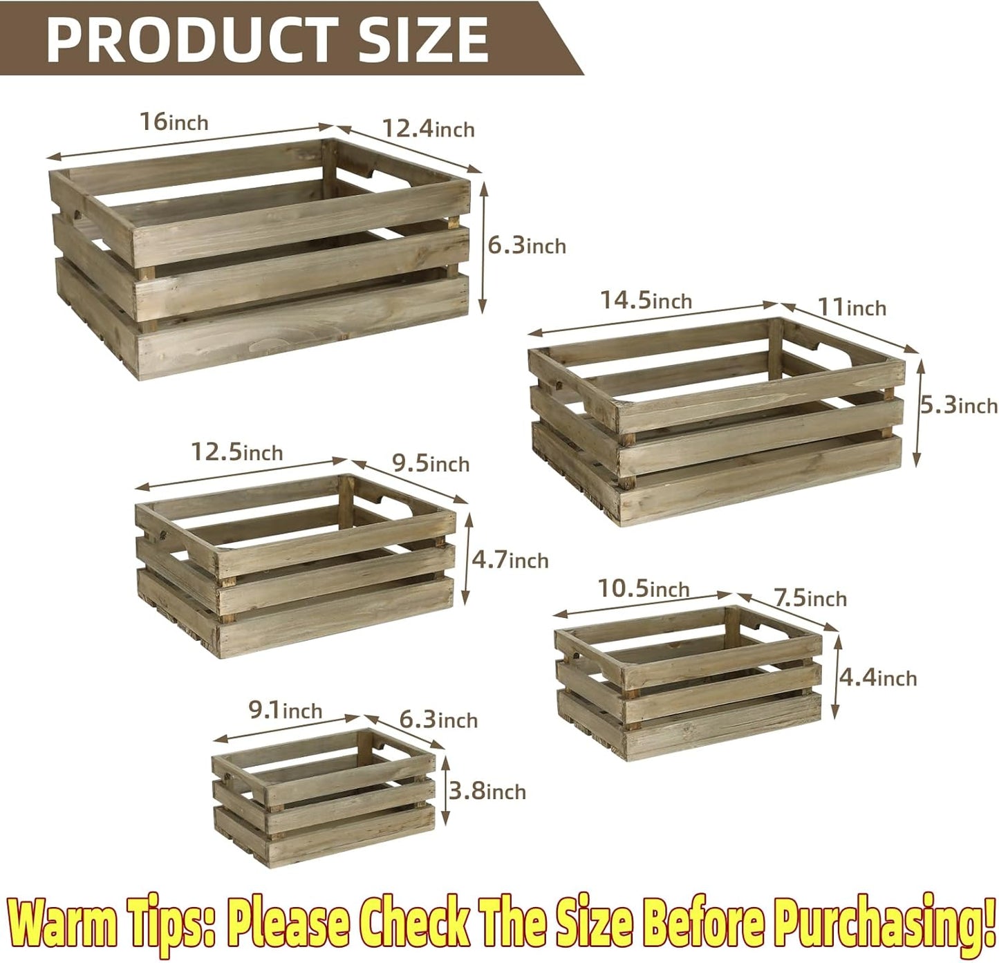 Large Wood Crates, Set of 5 Decorative Storage Box with Handles, Vintage Gray Farmhouse Wooden Crates for Decor, Wedding Birthday Home Party Living Room Kitchen Decoration-VerdiqueGarden