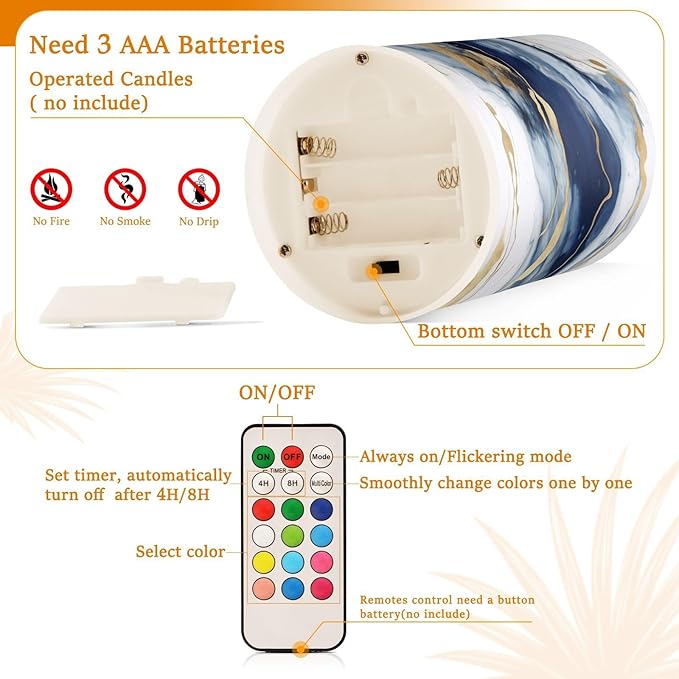 Flickering Flameless Candles, Drak Blue Golden Marble LED Candles with Remote Timer, Set of 2 Battery Operated Candle for Valentine Wedding Birthday-VerdiqueGarden