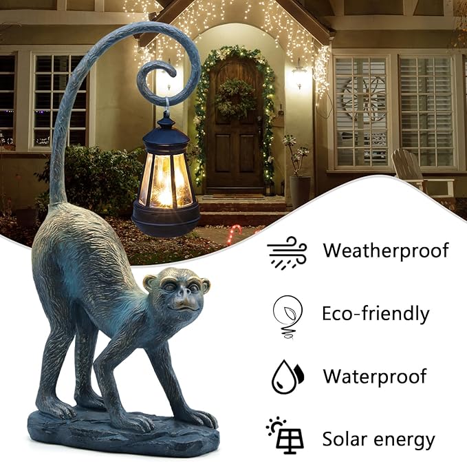 Resin Monkey Statue with Solar Light - Whimsical Garden Decor, Good Luck Gifts for Women,Outdoor Statues Yard Decor for Patio,Porch,Home - Unique Housewarming Gifts-VerdiqueGarden