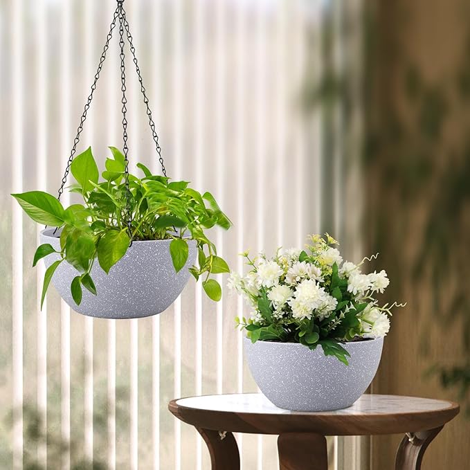 10 inch Hanging Planters for Indoor Outdoor Plants, 2 Pack Hanging Flower Pots with Drainage Holes and Chain for Garden Porch, Plastic Hanging Baskets for House Plants, Speckled Grey-VerdiqueGarden
