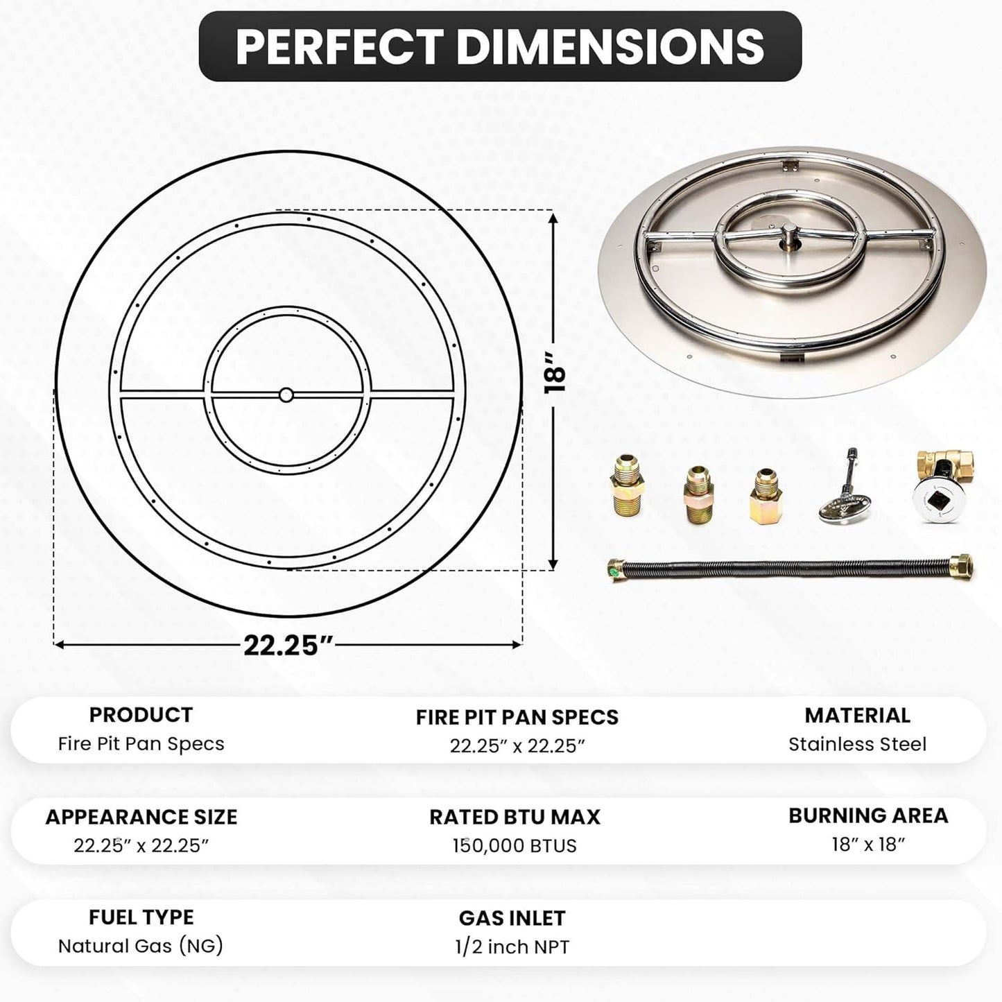 Fire Pit Burner Pan & Ring - Works with Natural Gas - Stainless Steel Fire Pit Burner Kit 22-Inch Pan, 18-Inch Ring - 150,000 BTU Max-VerdiqueGarden