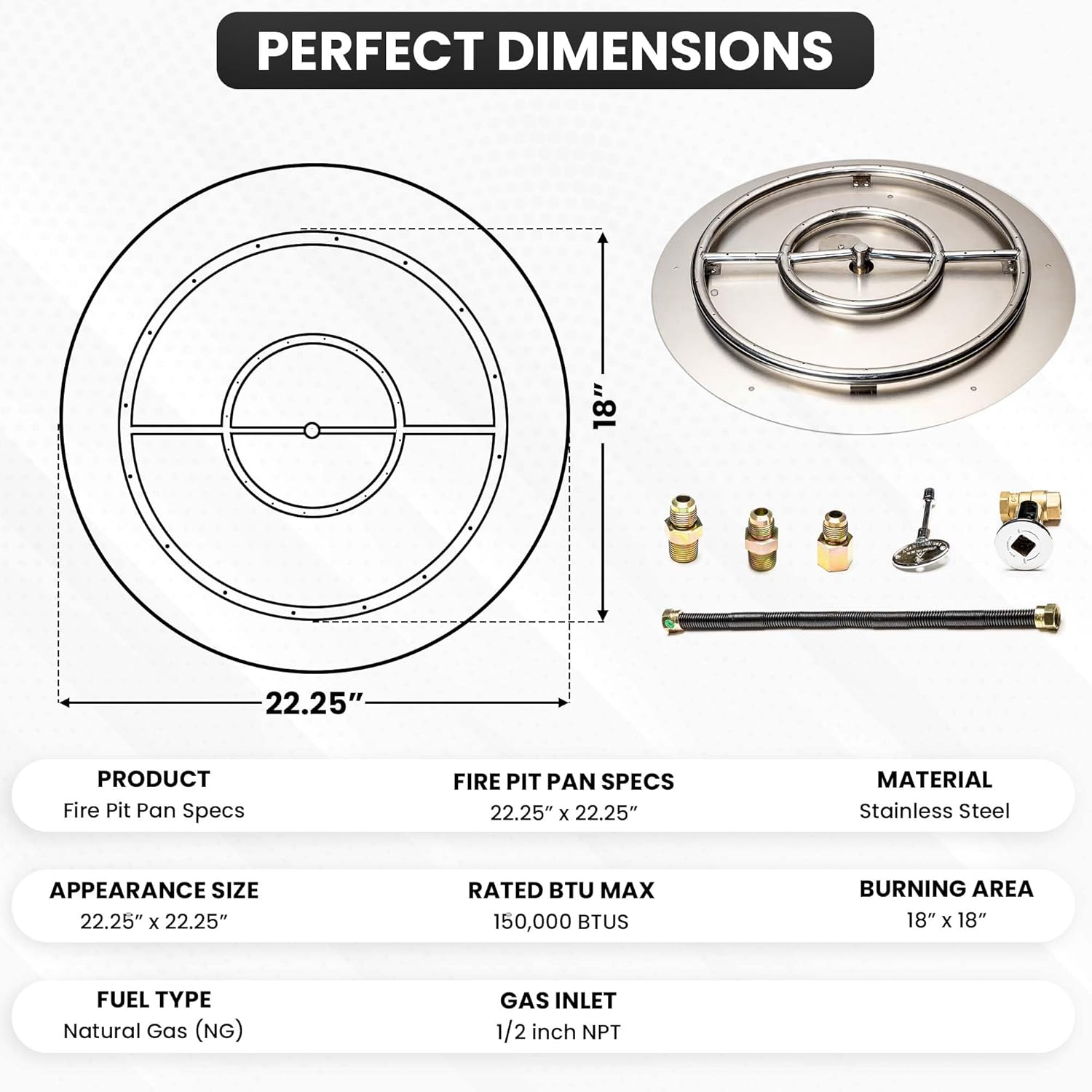 Fire Pit Burner Pan & Ring - Works with Natural Gas - Stainless Steel Fire Pit Burner Kit 22-Inch Pan, 18-Inch Ring - 150,000 BTU Max-VerdiqueGarden