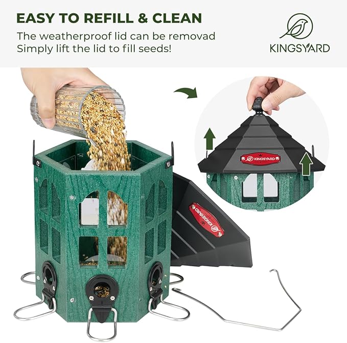 Kingsyard Wild Bird Feeder for Outdoor Hanging, Recycled Plastic Bird Feeders with 6 Ports & U-Shape Perch, Garden Yard Outside Decoration, 3.5 lbs Seed Capacity, Green-VerdiqueGarden