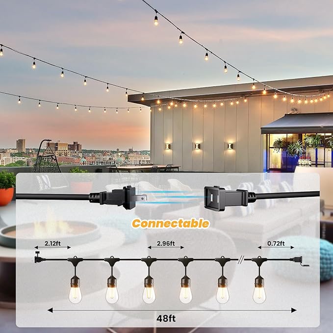 Svater 96 FT Outdoor String Lights 2W, Patio Light for Outside with 32 Antique S14 Plastic LED Bulbs, IP65 Waterproof Hanging Cafe Market Lighting, ETL-Listed Dimmable Warm White 2700K (48 FT x 2)-VerdiqueGarden